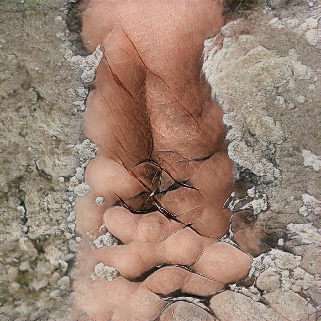 Image produced by the artist John Wild using a machine learning generative adversarial network trained on 1000 photographs of a body occupying the temporary landscape of the Limehouse Forshaw.