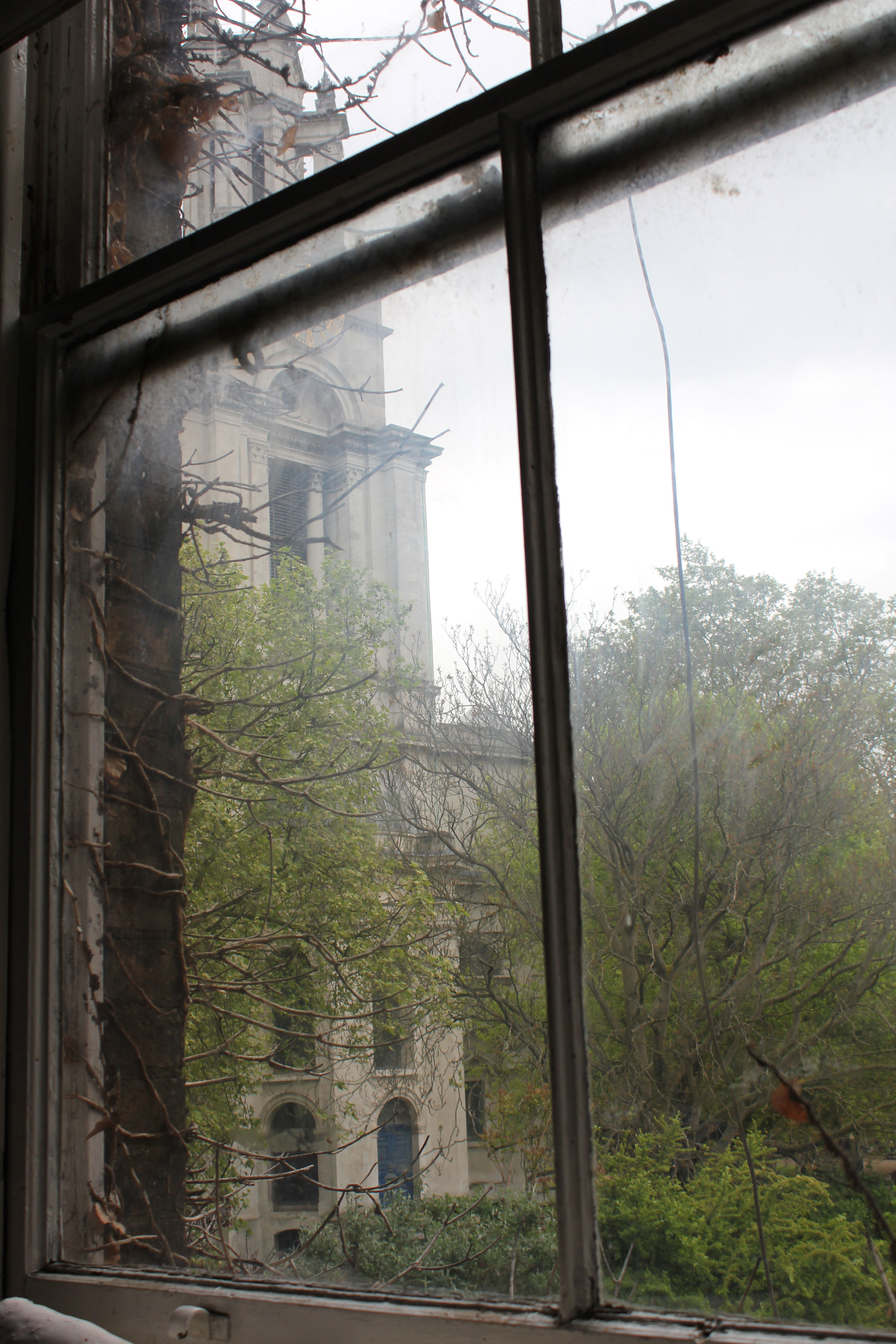 Photo of a window looking out onto St Annes Limehouse from Limehouse Town Hall
